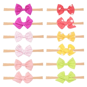 Set of 12 colorful cotton linen baby headbands with large bows and seamless nylon bands
