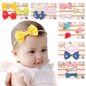 Set de 3 diademas para bebé con lazos y flores de nailon elástico y diseños dulces