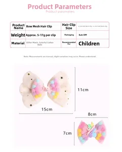 Detail showing tulle bow hair clip with unicorn resin and size measurements in centimeters