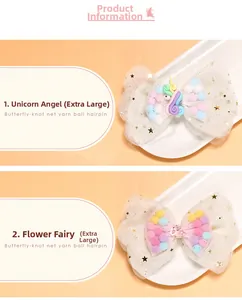 Detail of oversized mesh bow hair clips with colorful plush balls and cute unicorn decor