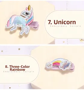 Horquillas bordadas detalladas con un unicornio blanco y un arcoíris colorido con nubes