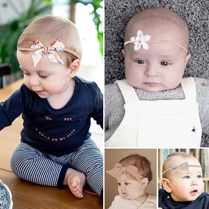 Baby headband set with floral bows in pink and white, comfortable elastic nylon hair bands