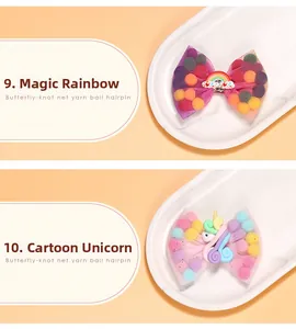 Detail of net yarn hair clips with rainbow badges and cute unicorn 3D figurines