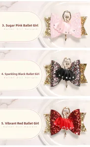 Vue détaillée de barrettes ballerine en finitions pailletées rose, noire et rouge