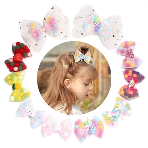 Sweet Kids Mesh Pom-pom Bow Hair Clips Cute Cartoon Unicorn Strawberry Pineapple Rainbow Hairpin Hair Accessories For Girls