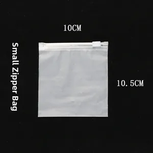 Close-up of small frosted plastic bag with 10cm by 10.5cm dimensions for accessories