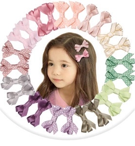 Set of 20 pieces colorful grosgrain ribbon hair bows with polka dots and gold edges