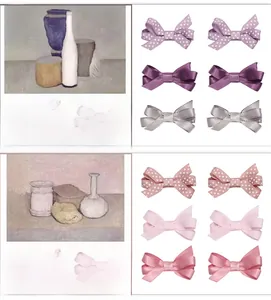 Detailed set of grey-purple and smoky pink ribbon hair clips with polka dots and bows