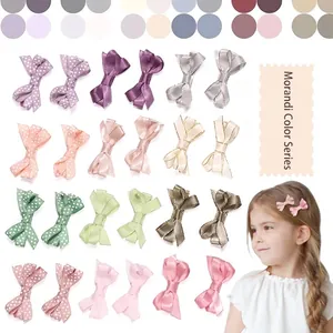 Handmade Morandi Color Ribbon Bow Hair Clips For Girls Polka Dot Solid Fabric Duckbill Clips Cute Hair Accessories For Toddlers Kids Hairpin