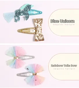 Details von Einhorn-Haarspangen mit Pailletten und Regenbogen-Schleifen für Mädchen