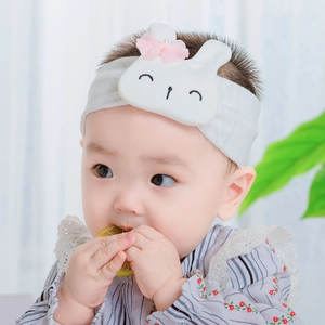 Cute white cotton baby headband with cartoon rabbit ears and pink bow decoration