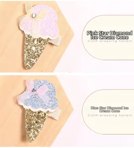 Dettaglio di fermagli per capelli a cono gelato rosa e blu con paillettes e fiocchi