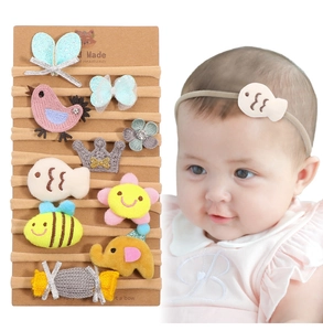 Detail showing 10-piece baby headband set with plush animals and soft nylon band