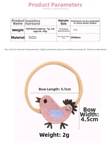 Size chart showing a pink knitted bird headband with measurements and material details