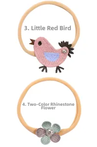 Detail of pink knitted bird and two-tone rhinestone flower on elastic baby headbands
