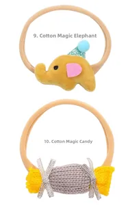 Detail of high elastic nylon baby headbands with plush elephant and candy designs