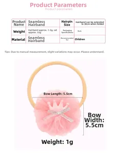 Vue détaillée du bandeau bébé rose avec décor de couronne en résille et dimensions