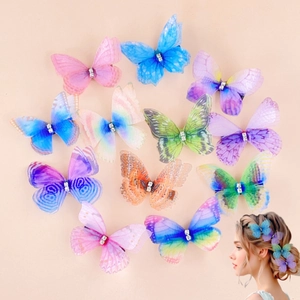 Lot de 12 barrettes papillon féeriques pour filles en tulle coloré avec détails en strass