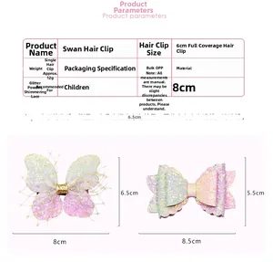 Detailed size specifications for glitter butterfly hair clips and lace bow accessories