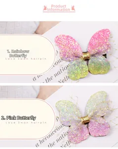 Detail view of glitter gradient butterfly hair clips with lace trim and golden center