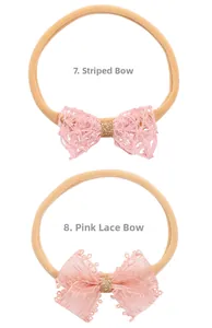 Détails de bandeaux pour bébés avec nœuds en dentelle rose et tricot évidé en nylon