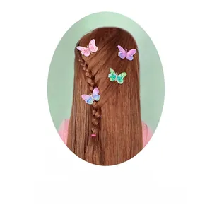 Détail des pinces à cheveux papillon en tulle coloré sur une tresse pour filles