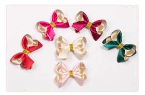 Detailansicht handgefertigter Schleifen-Haarclips in sechs Farben mit Goldpailletten