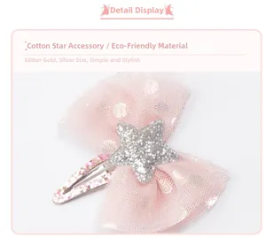 Detail of pink mesh bow hair clip with silver sequin star and glitter metal base