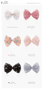 Flat lay of six colorful mesh bow hair clips with polka dots and star sequins