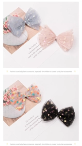 Detailed views of mesh bow hair clips with colorful sequins and polka dot patterns