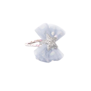 Detailed view of light blue mesh bow hair clip with silver glitter star and sequin BB clip
