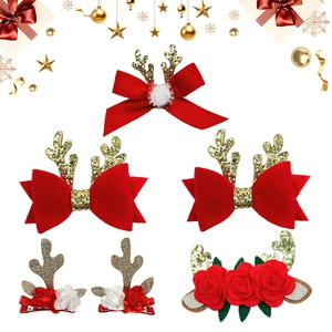 Set de pinces cheveux bois de renne de Noël avec nœuds en velours rouge et de paillettes