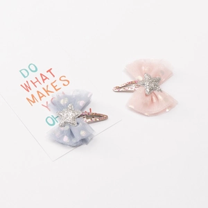 Polka dot mesh bow hair clips with glitter star and pastel ribbons for girls