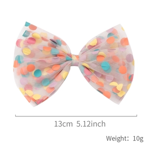 Large mesh bow hair clip with colorful dots for girls, 13cm size in white tulle fabric