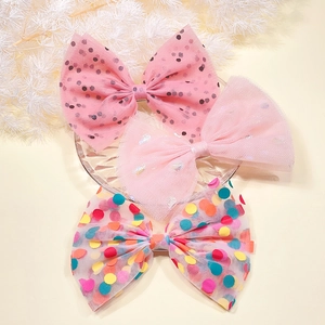Three-piece set of large mesh bow hair clips with colorful polka dots and sequins