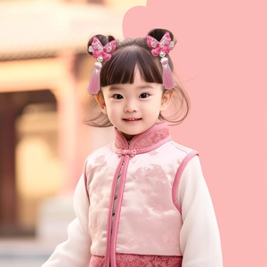 Detail von rosa chinesischen Schmetterlings-Haarspangen mit Seidenquasten für kleine Mädchen