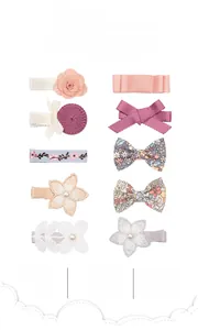Detailed set of 10 floral baby hair clips with ribbon bows and faux pearls
