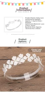 Detail of baby lace headband featuring delicate clover floral design and tiny pearl center