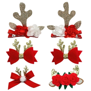 Lot de 6 pinces à cheveux de Noël avec bois de renne dorés et nœuds rouges