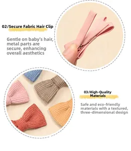 Detail of safety cloth-wrapped baby hair clips with soft knit fabric and metal protection