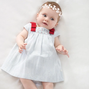 Baby girl striped dress with red bows and white lace floral crown headband