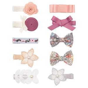 10-piece floral hair clip set with ribbon bows and pearls for girls and infants
