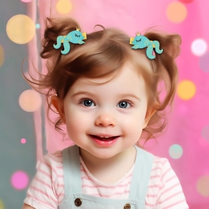 Fillette avec barrettes sirène pailletées bleues ornées d'une couronne dorée