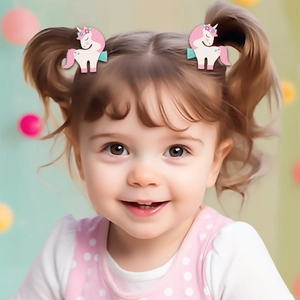 Détail d'un enfant portant une jolie pince à cheveux licorne pailletée rose et fleurs