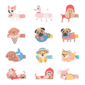 Set de 12 lindas pinzas para el pelo de perros para niñas con varias razas y colores vivos