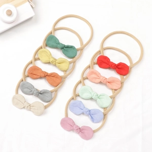 Lot de 10 bandeaux pour bébé avec nœud en lin et ruban en nylon souple élastique