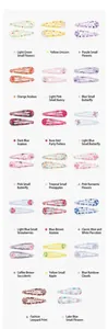 Detailed assortment of 20 colorful metal BB hair clips with cartoon and floral prints