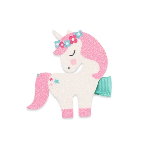 Barrette licorne à paillettes blanches et roses avec petites fleurs pour enfants