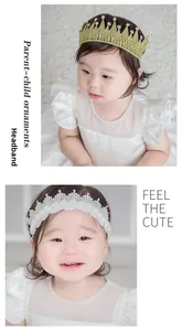Detail of baby lace crown headband with shiny sequins and faux pearls for kids