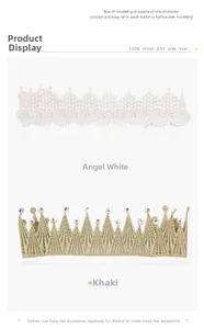 Detailed shot of baby white lace pearl headband and golden knit crown with shiny rhinestones